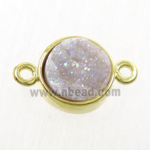 white AB-color Druzy agate connector, flat-round, gold plated