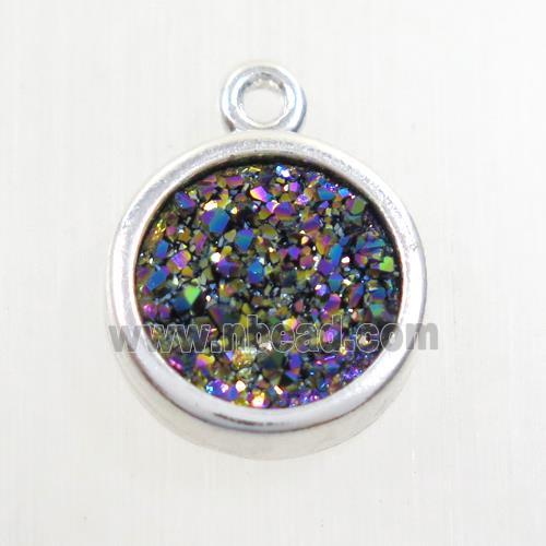 rainbow Druzy agate pendant, circle, platinum plated