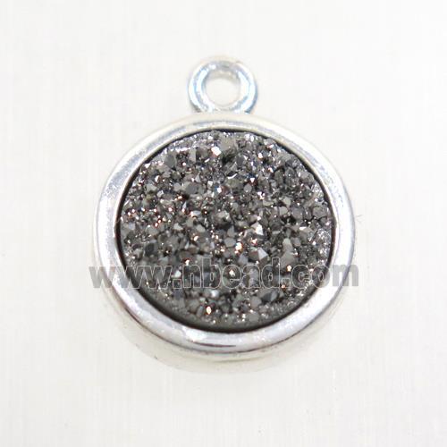 silver Druzy agate pendant, flat-round, platinum plated