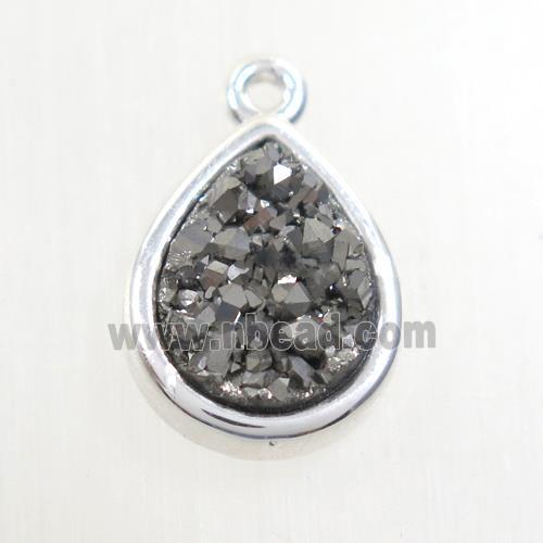 silver Druzy agate pendant, teardrop, platinum plated