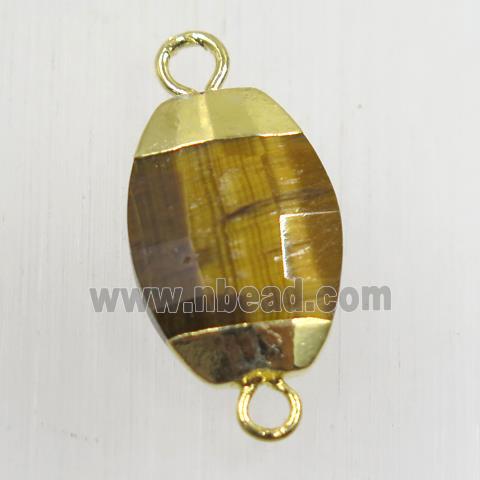 yellow Tiger eye stone connector, faceted oval, gold plated