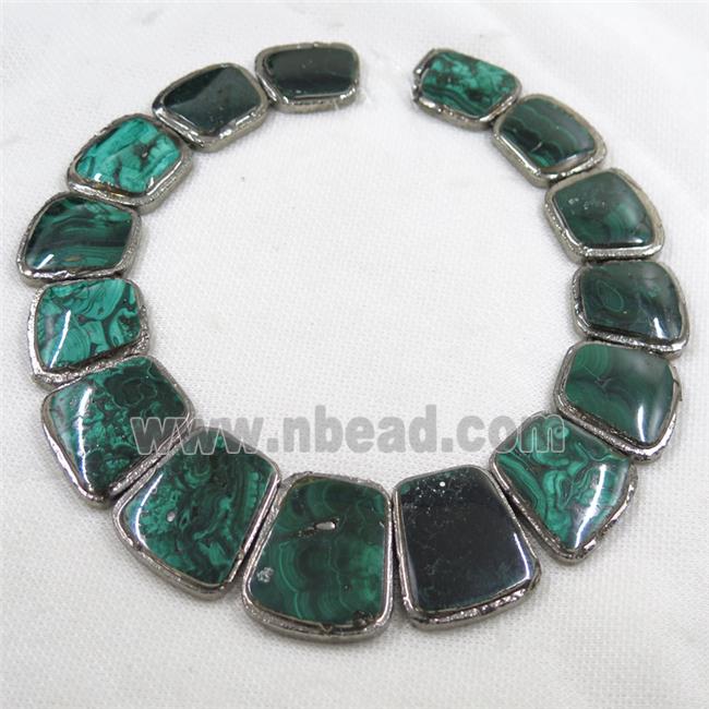 green Malachite collar beads for necklace, trapeziform, platinum plated