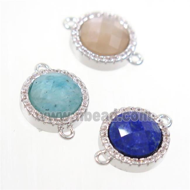 mixed gemstone connector paved zircon, circle, platinum plated