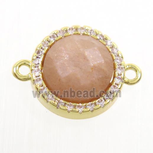 peach MoonStone connector paved zircon, circle, gold plated