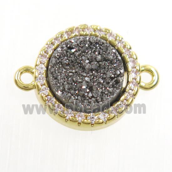 silver Druzy Quartz connector paved zircon, circle, gold plated