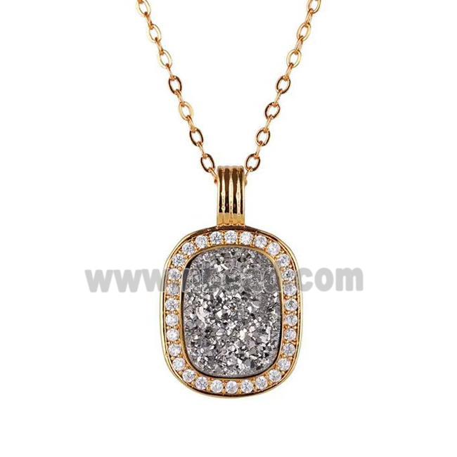 silver Druzy Agate necklace pave zircon, copper, 24k gold plated