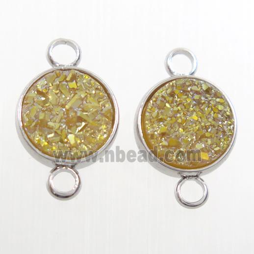 yellow Druzy Resin connector, circle, platinum plated