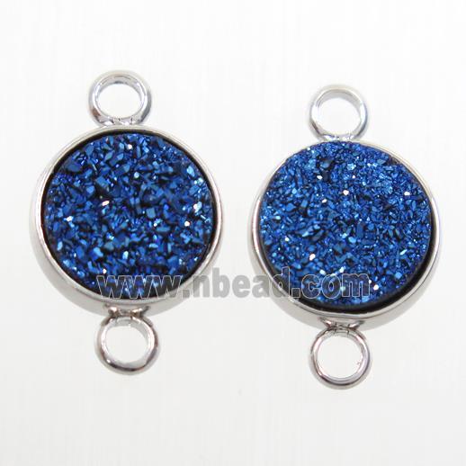 blue Druzy Resin connector, circle, platinum plated