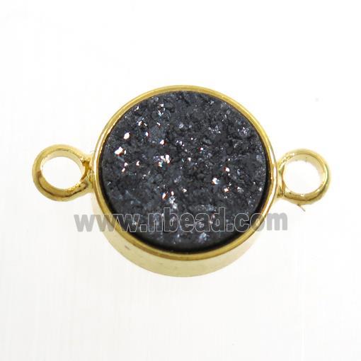 black Druzy Resin connector, circle, gold plated