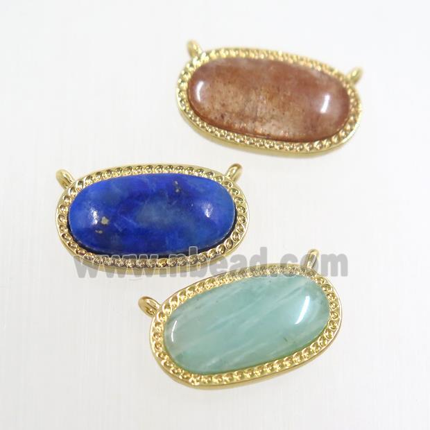 mixed gemstone oval pendant with 2loops, brass, gold plated