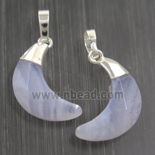 Blue Lace Agate crescent moon pendant, faceted, silver plated