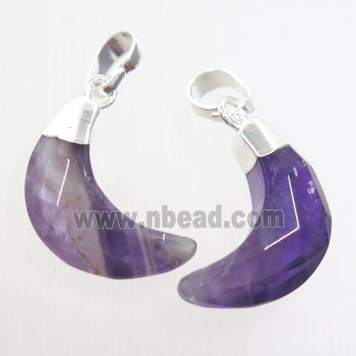 purple Amethyst crescent pendant, faceted moon, silver plated