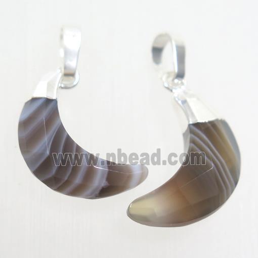 Botswana Agate crescent pendant, faceted moon, silver plated