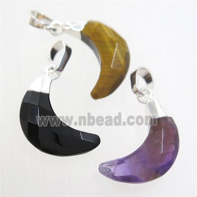 mixed gemstone crescent pendant, faceted moon, silver plated