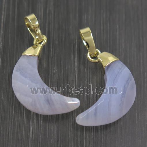 Blue Lace Agate crescent pendant, faceted moon, gold plated