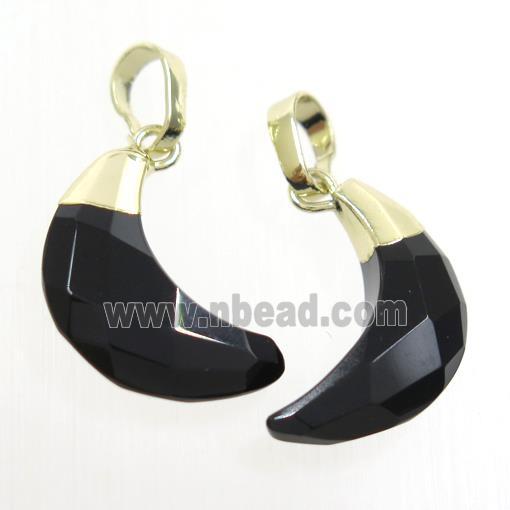 black Onyx Agate crescent pendant, faceted moon, gold plated