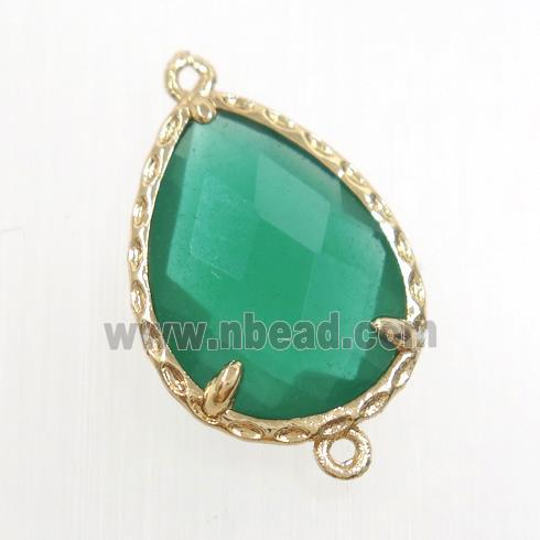 green glass connector, faceted teardrop, gold plated