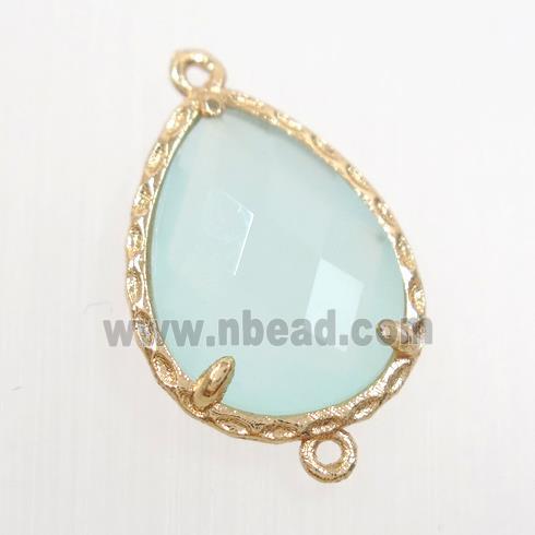 whitegreen glass connector, faceted teardrop, gold plated