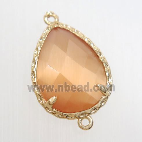 orange glass connector, faceted teardrop, gold plated