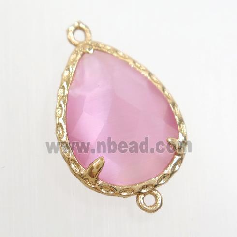 pink glass connector, faceted teardrop, gold plated