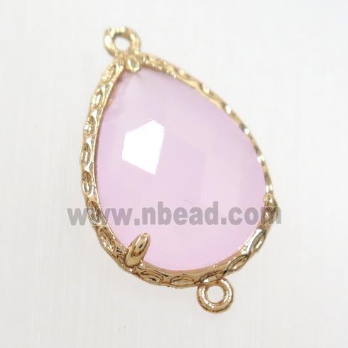 pink crystal glass connector, faceted teardrop, gold plated