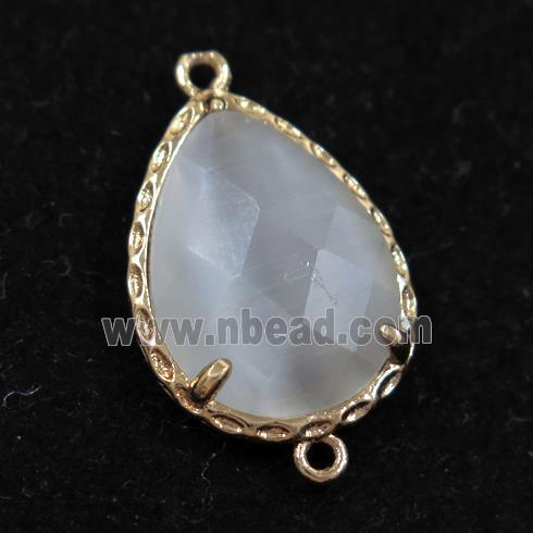 white glass connector, faceted teardrop, gold plated