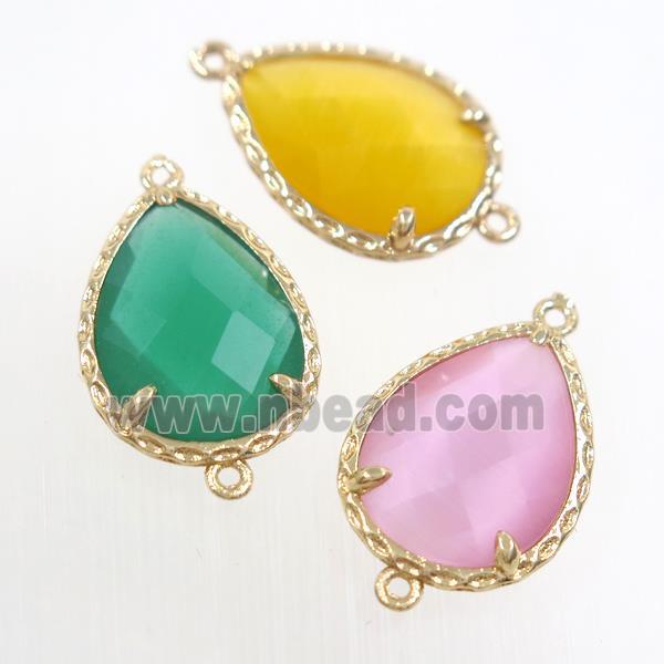 mix color glass connector, faceted teardrop, gold plated