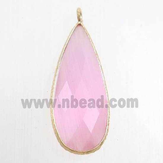 pink crystal glass pendant, teardrop, gold plated