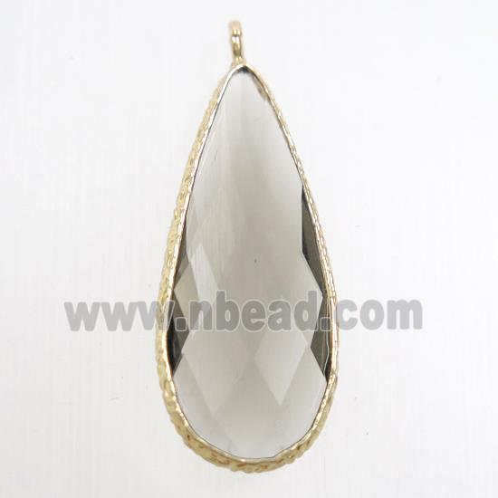 smoky crystal glass pendant, teardrop, gold plated