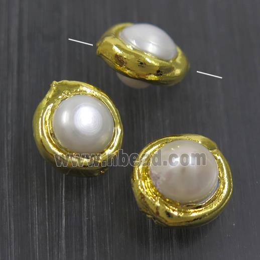 white freshwater Pearl beads, round, gold plated