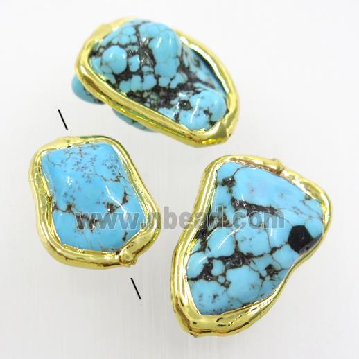 blue Magnesite Turquoise nugget beads, freeform, gold plated