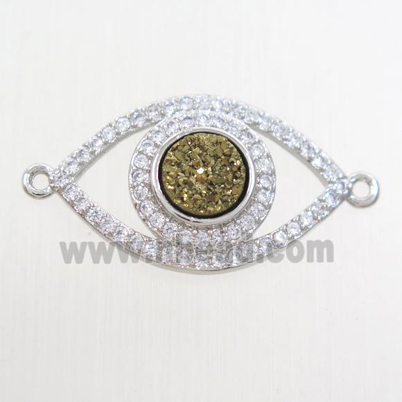 gold druzy quartz eye connector paved zircon, platinum plated