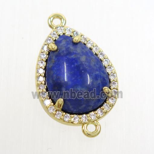 blue Lapis Lazuli teardrop connector pave zircon, gold plated