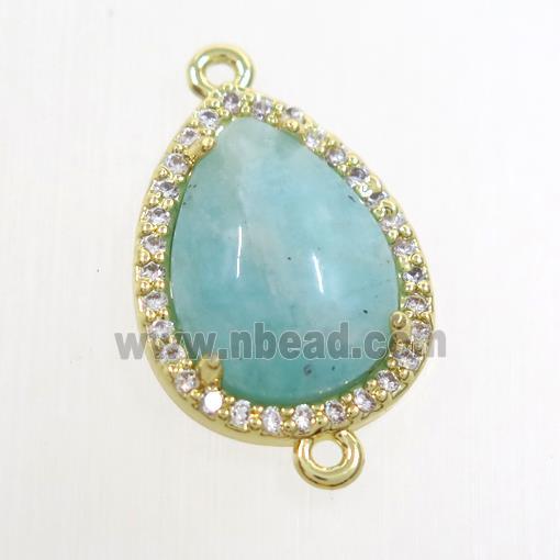 green Amazonite teardrop connector pave zircon, gold plated