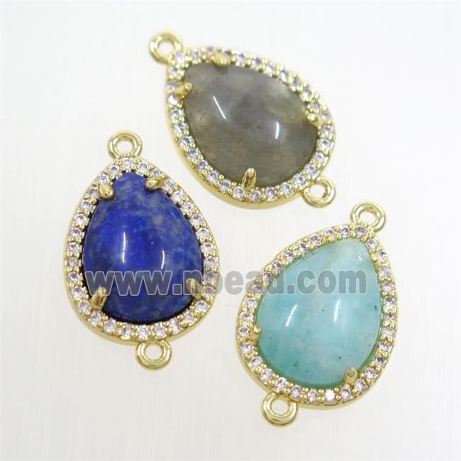 mix gemstone teardrop connector pave zircon, gold plated