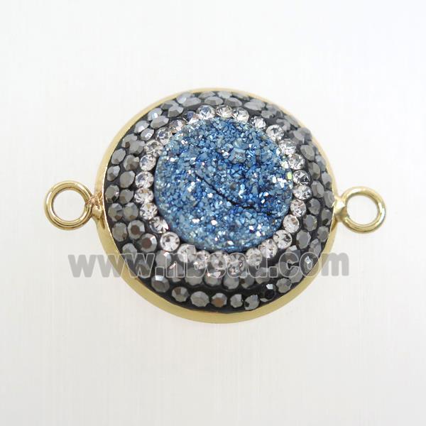 blue druzy quartz circle connector pave rhinestone, gold plated