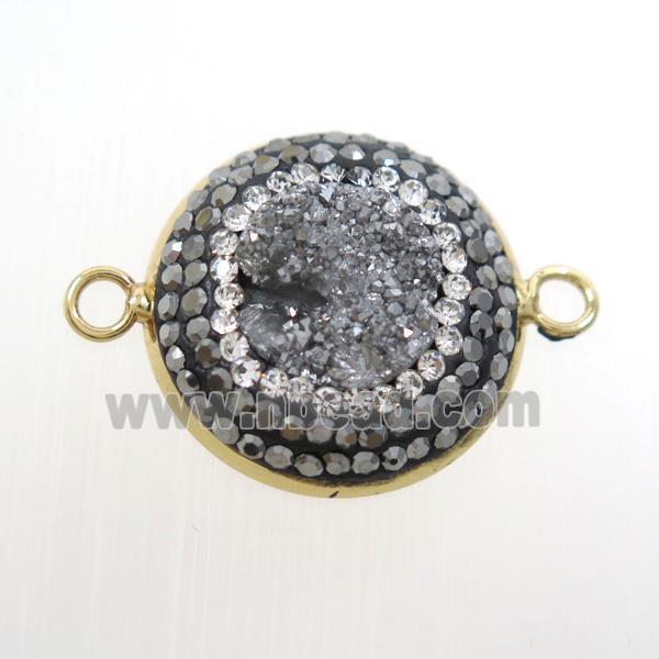 silver druzy quartz circle connector pave rhinestone, gold plated