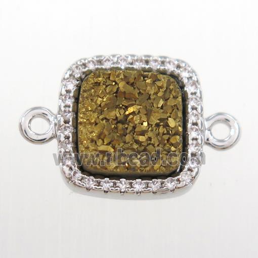 golden druzy quartz square connector pave zircon, platinum plated