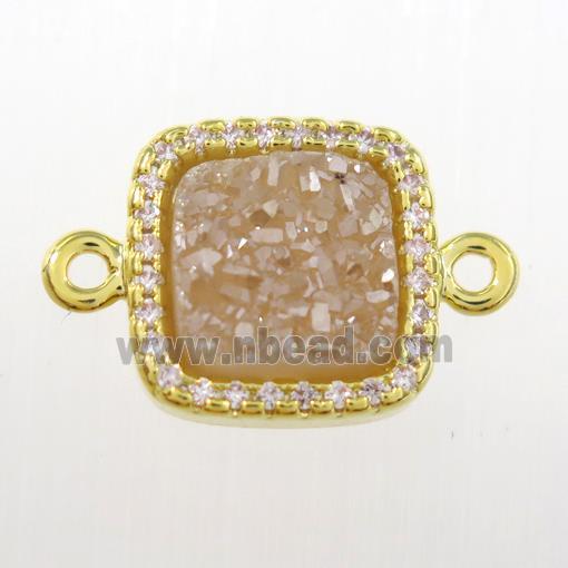 champagne druzy quartz square connector pave zircon, gold plated