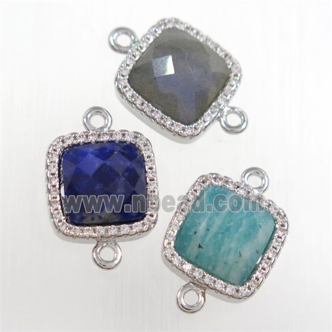 mix gemstone square connector pave zircon, platinum plated