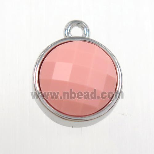 pink dye Coral circle pendant, platinum plated