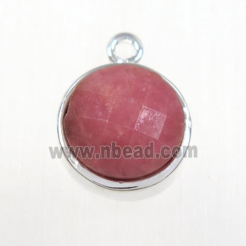 pink Rhodonite circle pendant, platinum plated