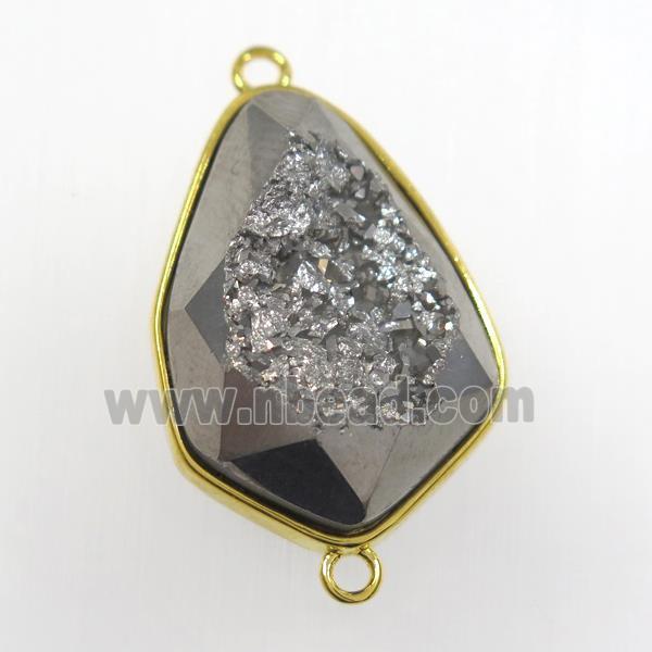 silver druzy agate connector, teardrop, gold plated