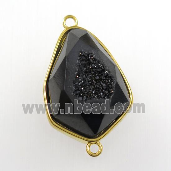 black Druzy Agate connector, teardrop, gold plated