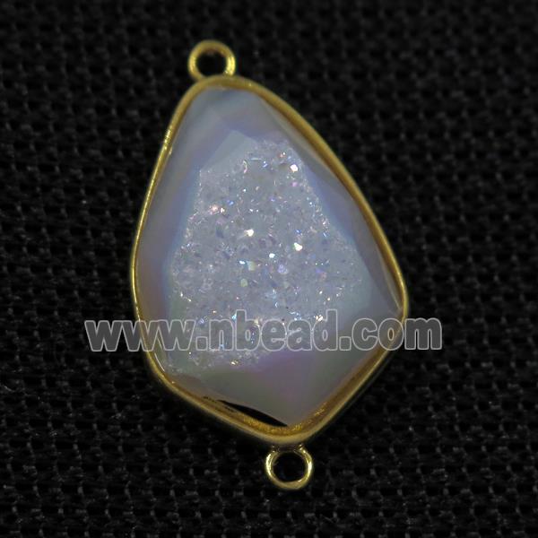 white AB-color druzy agate connector, teardrop, gold plated