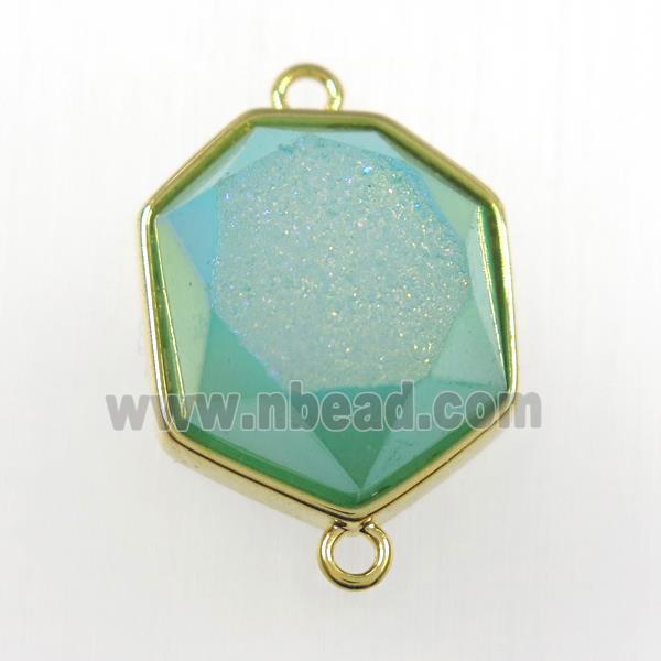 peacock green druzy agate connector, hexagon, gold plated