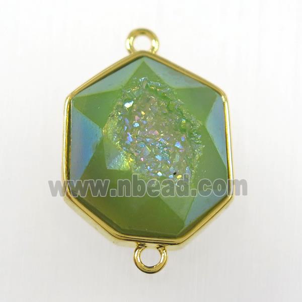 green Druzy Agate connector, hexagon, gold plated