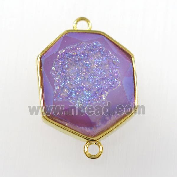 purple druzy agate connector, hexagon, gold plated