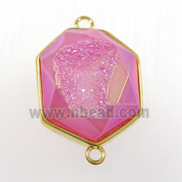 hotpink druzy agate connector, hexagon, gold plated