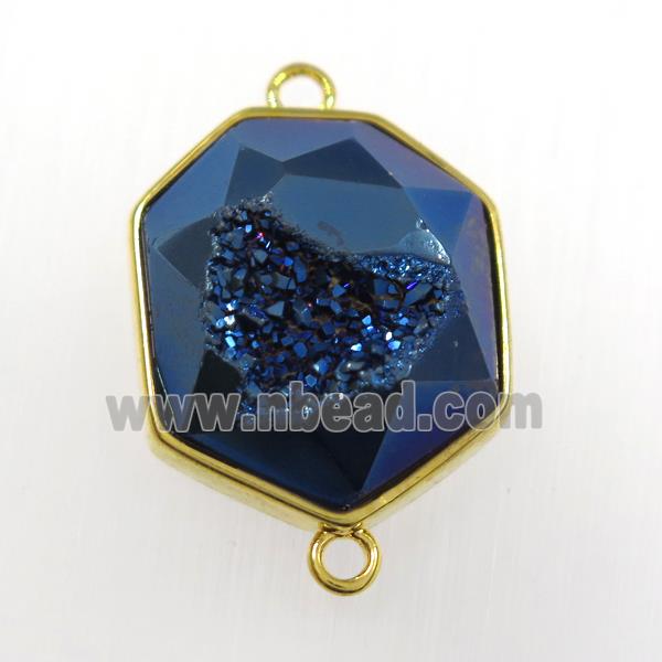 blue druzy agate connector, hexagon, gold plated